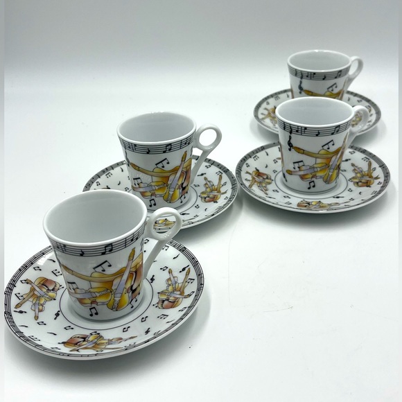 GNA Porcelain Demitasse Set: Music Notes & Instruments on Espresso Cups/Saucers - Picture 1 of 14
